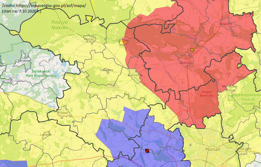 Wycinek mapy, w którym znajduje się powiat szamotulski z wyszczególnionymi obszarami w kolorze żółtym, niebieskim i czerwonym.
